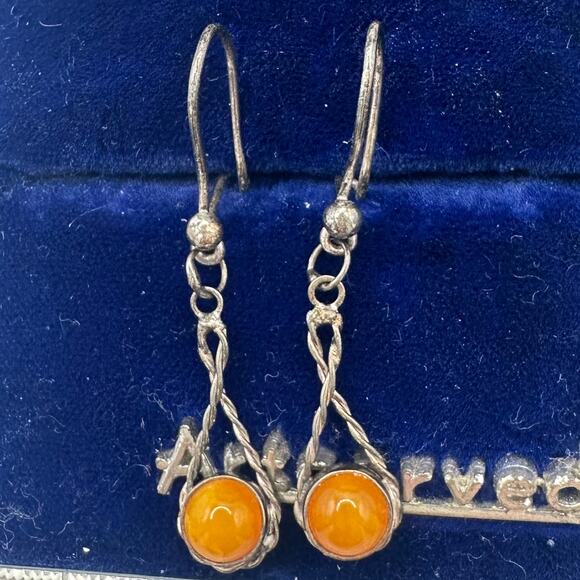 Antique vintage 800 silver Butterscotch egg yolk amber hook drop dangle earrings - Picture 1 of 10
